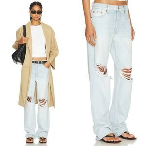 Re/Done Loose Long Blue Jeans Wide Leg Distressed Size 25